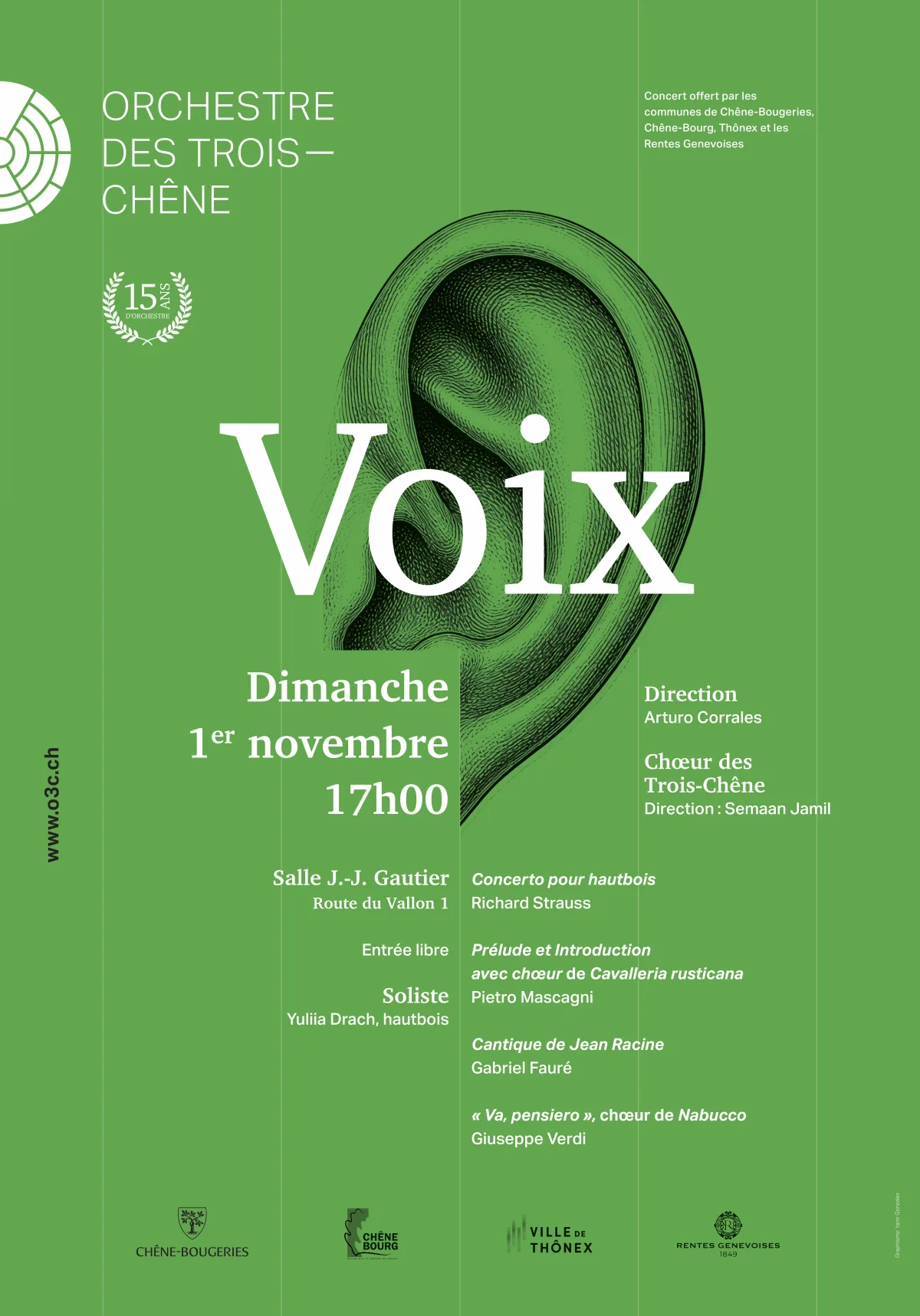 Affiche du concert Voix — Chœur et Orchestre des Trois-Chêne, dimanche 1er novembre 2026 à la Salle J.-J. Gautier